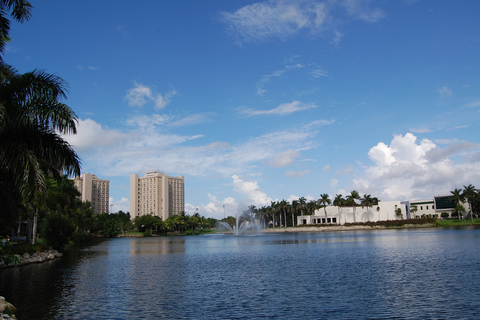 Freshman towers and Frost Music School behind Lake Osceola